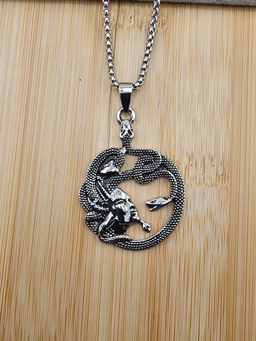 23in Stainless Steel Snake Pendant Necklace - Silver 0600